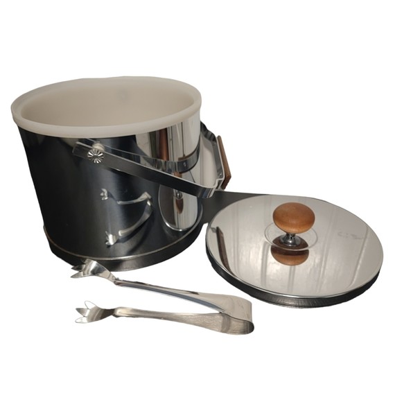 Vintage Atapco Silver MCM Chrome Barware Ice Bucket With Tongs - Picture 4 of 9